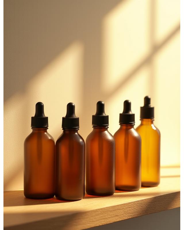 Botellas de suero natural en un estante con luz suave