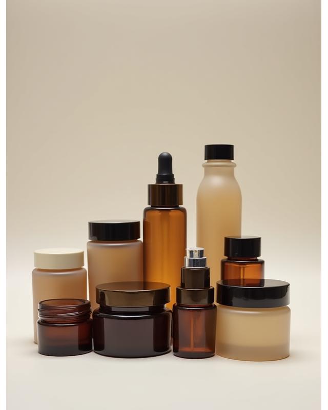 Primer plano de varios frascos de cosméticos artesanales