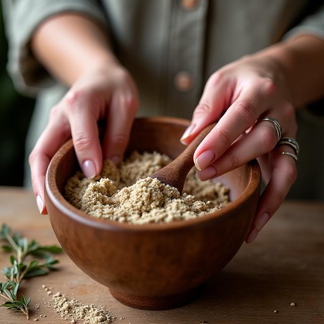 Manos mezclando ingredientes naturales en un bol de madera