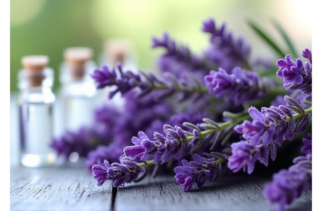 Flores de lavanda fresca con aceites esenciales