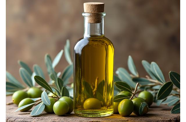 Botella de aceite de oliva virgen extra con aceitunas
