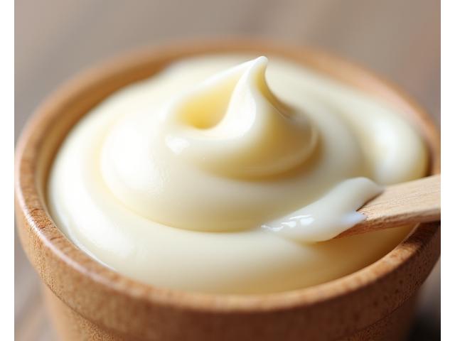 Textura de crema suave en un cuenco de madera