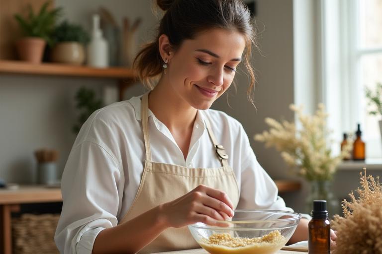 Fundadora de Belleza Artesana en su taller, mezclando ingredientes naturales con delicadeza.