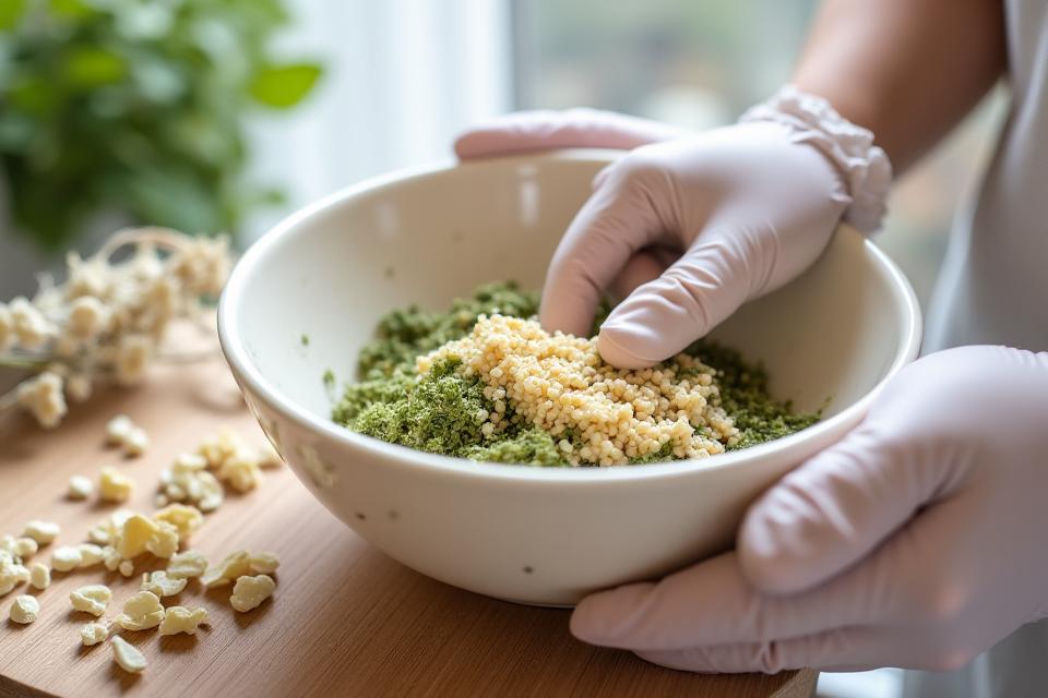 Manos expertas, con guantes, mezclando delicadamente ingredientes naturales en un cuenco en un ambiente de taller.