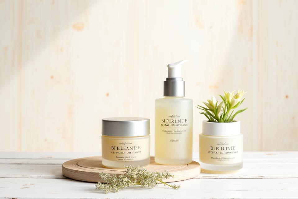 Varios productos de Belleza Artesana finalizados, elegantemente envasados y dispuestos sobre una mesa de madera con luz natural.
